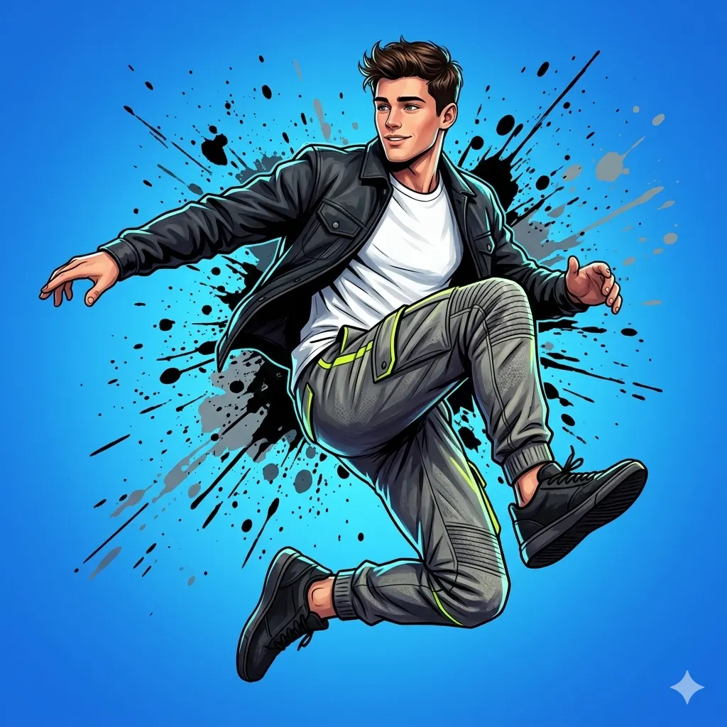 Jumping Man Illustration AI Photo Editing Prompt. AI generated digital illustration of a young man in a black jacket and cargo pants jumping mid-air against a blue background with ink splatters.