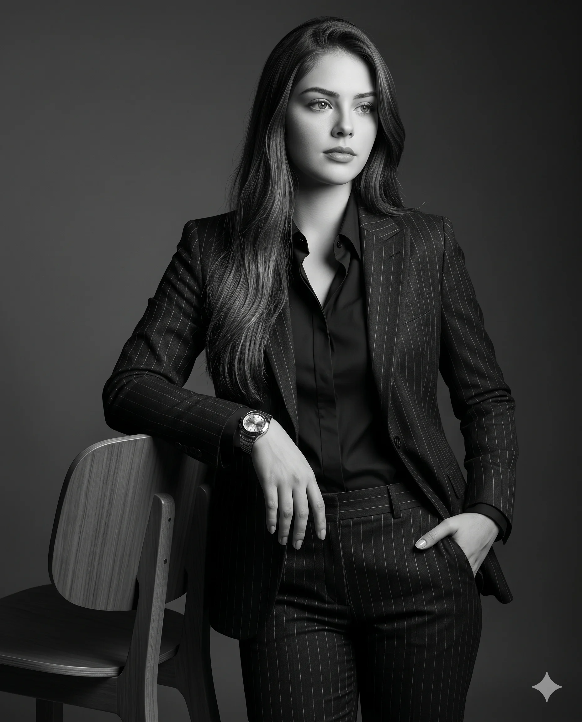AI generated monochrome studio portrait of a businesswoman in a dark pinstripe suit leaning on a wooden chair.